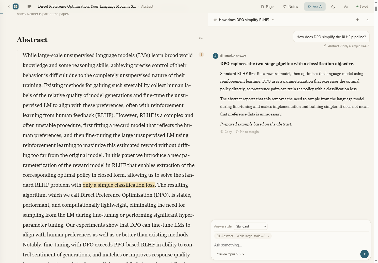 English Ask AI panel with an illustrative answer about a quoted passage